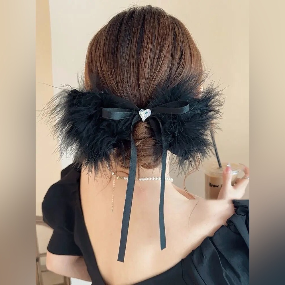 Oversized Black Feather Bow French Barrette Hair Clip